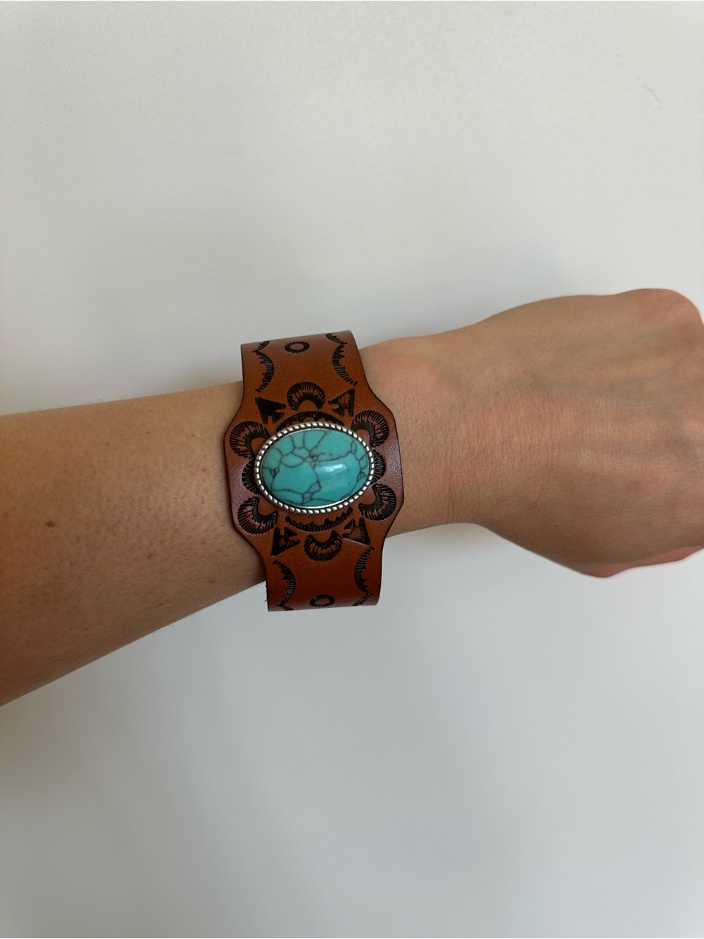 Plunder Brown Leather Cuff with Turquoise Stone Accent